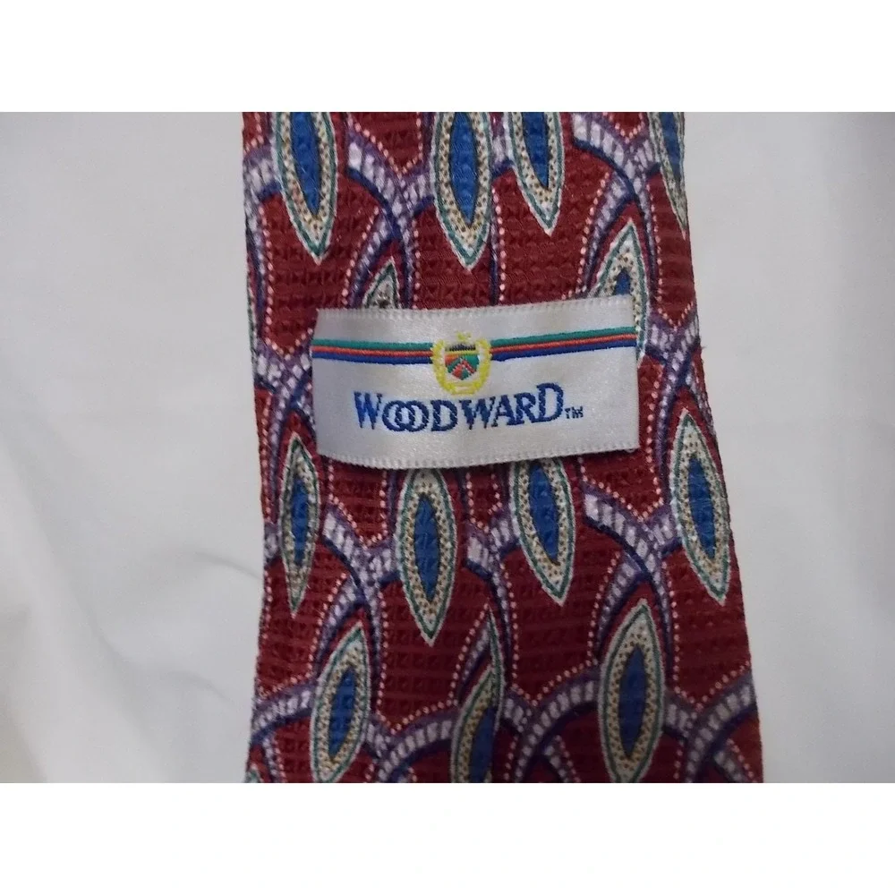 Woodward Mens Silk Tie Burgundy Red Blue Geometric Eye Pattern Necktie Classic